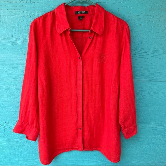 Ralph Lauren Tops - 100% LINEN BUTTON DOWN TUNIC TOP ORANGE LAUREN RALPH LAUREN LRL SIZE 1X EUC
